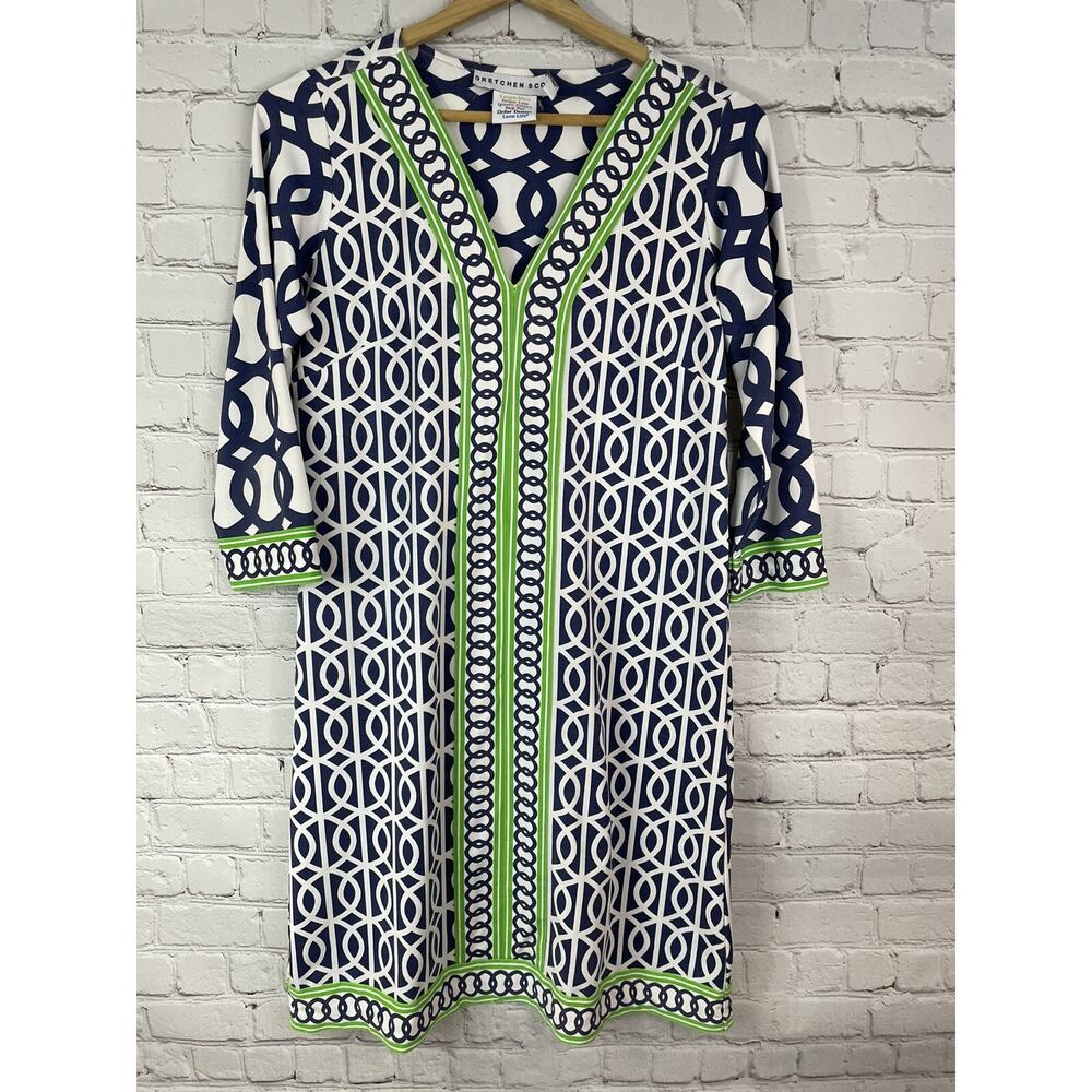 Gretchen Scott Blue White & Green V-Neck Dress - Size Small *faded*